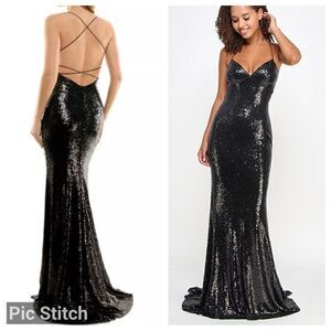 B. Darlin Black Sequin Open Strappy Back Long Gown